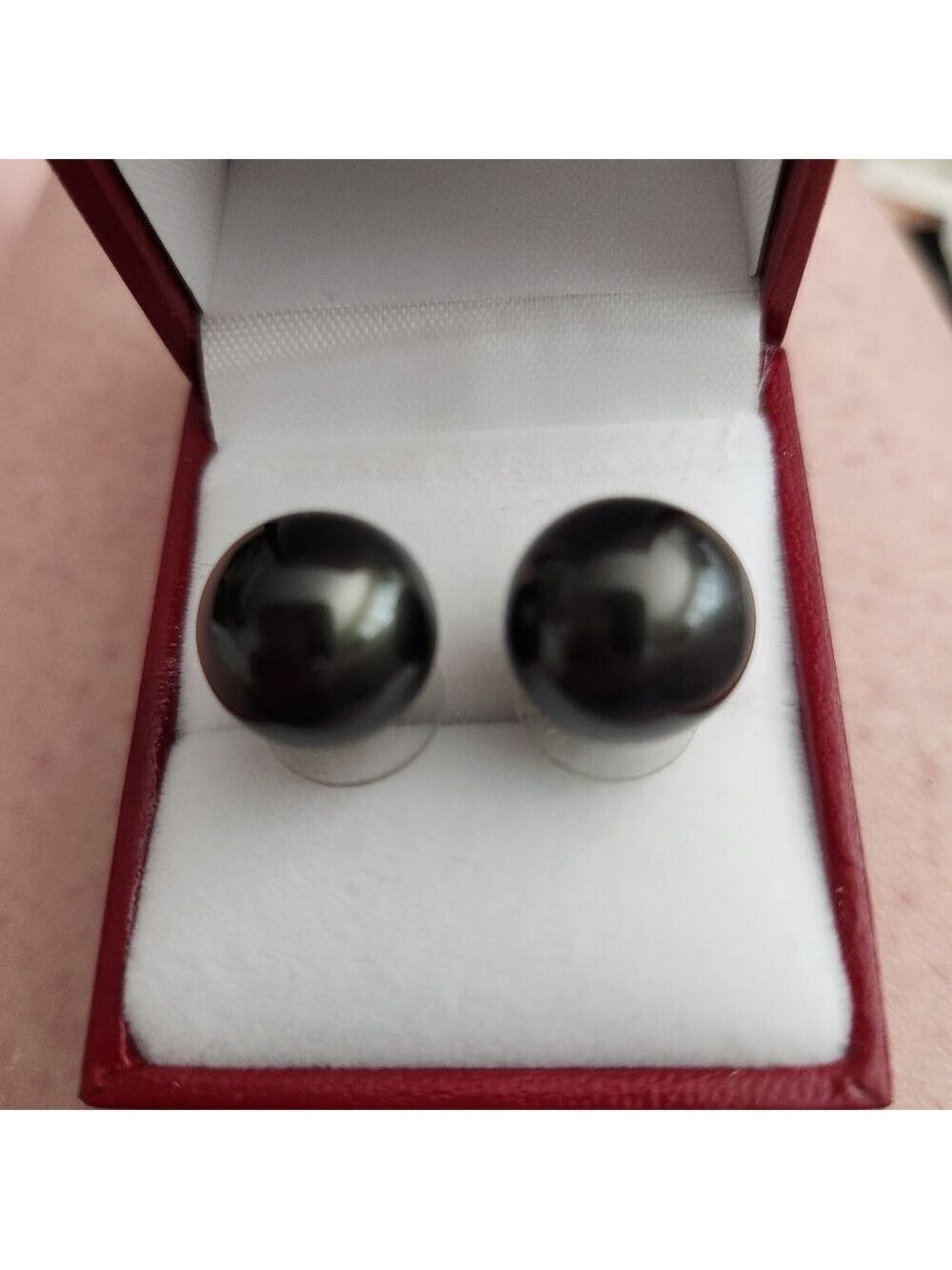 VTG LARGE 12mm BLACK GLASS PEARL STUD EARRINGS STERLING SILVER POST